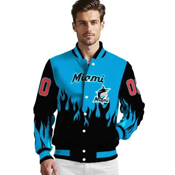 custom miami marlins flame border blue black varsity jacket high quality