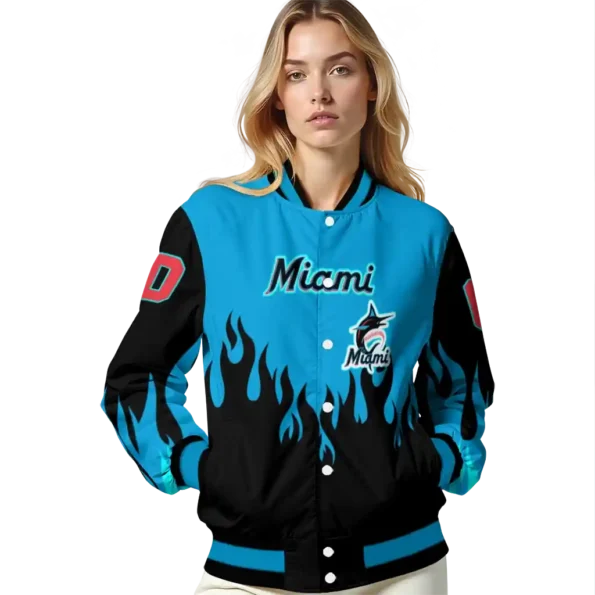 custom miami marlins flame border blue black varsity jacket latest model