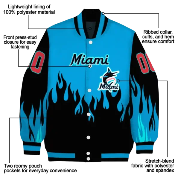 custom miami marlins flame border blue black varsity jacket new arrival