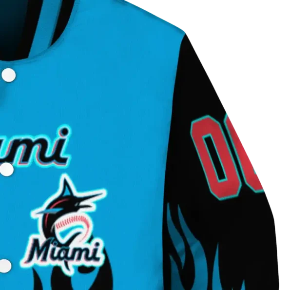 custom miami marlins flame border blue black varsity jacket premium grade