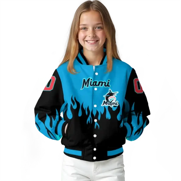 custom miami marlins flame border blue black varsity jacket top rated