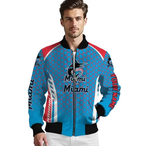 custom miami marlins hexagon grid blue bomber jacket high quality
