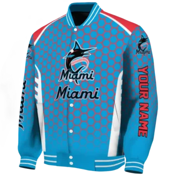 custom miami marlins hexagon grid blue varsity jacket best selling