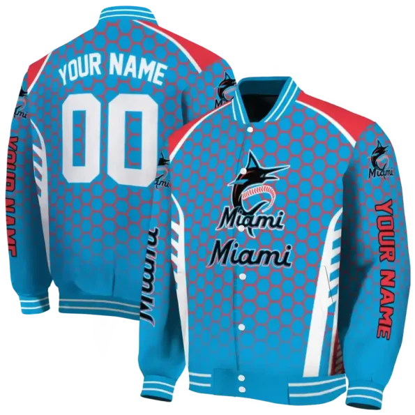 custom miami marlins hexagon grid blue varsity jacket fashion forward
