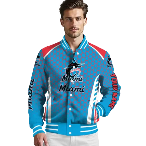 custom miami marlins hexagon grid blue varsity jacket high quality