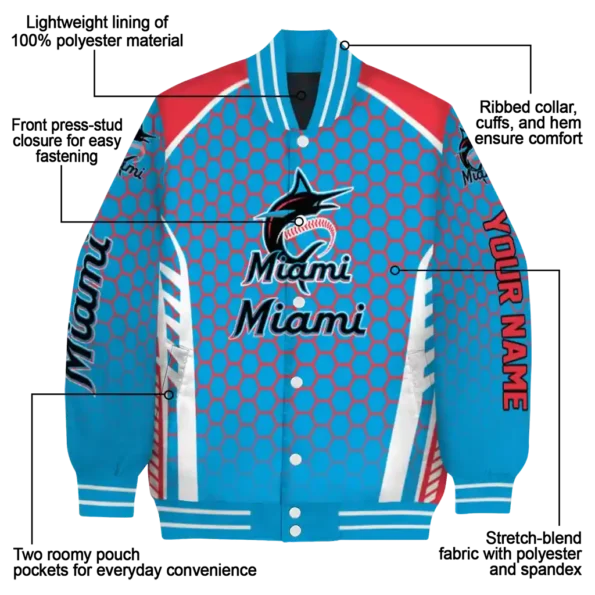 custom miami marlins hexagon grid blue varsity jacket new arrival