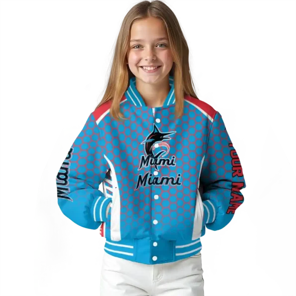custom miami marlins hexagon grid blue varsity jacket top rated