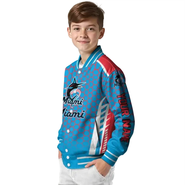 custom miami marlins hexagon grid blue varsity jacket trendy