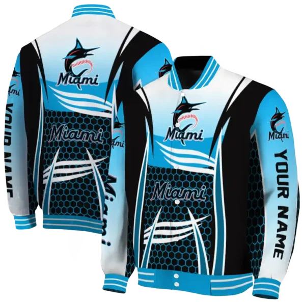 custom miami marlins mesh effect blue black varsity jacket fashion forward