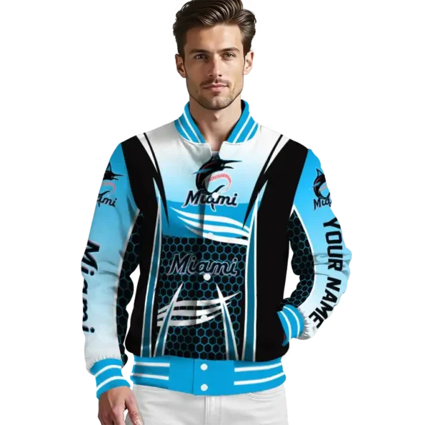 custom miami marlins mesh effect blue black varsity jacket high quality