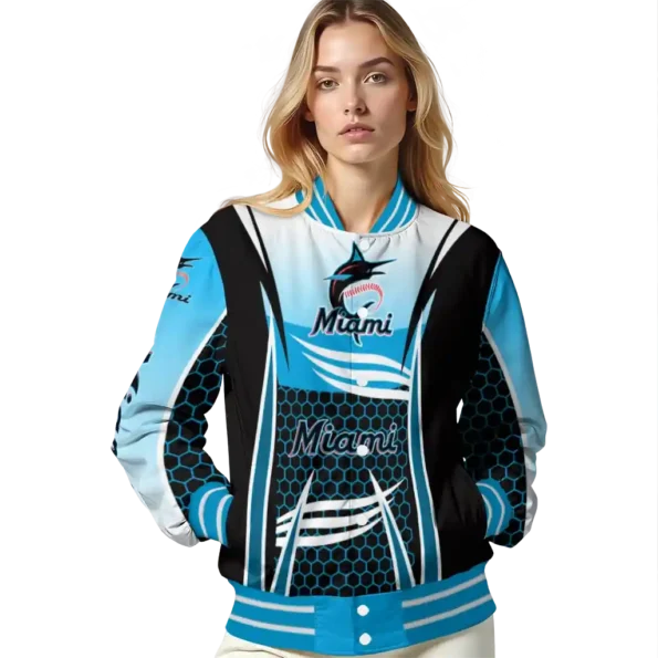 custom miami marlins mesh effect blue black varsity jacket latest model