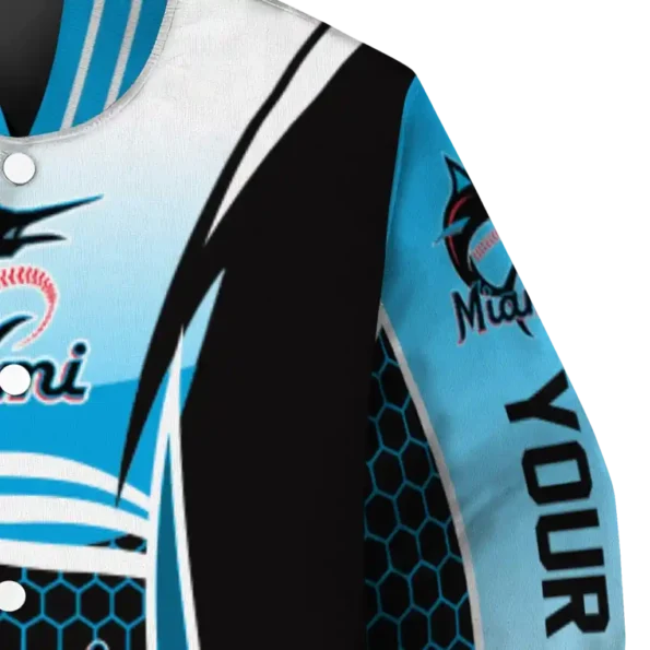 custom miami marlins mesh effect blue black varsity jacket premium grade