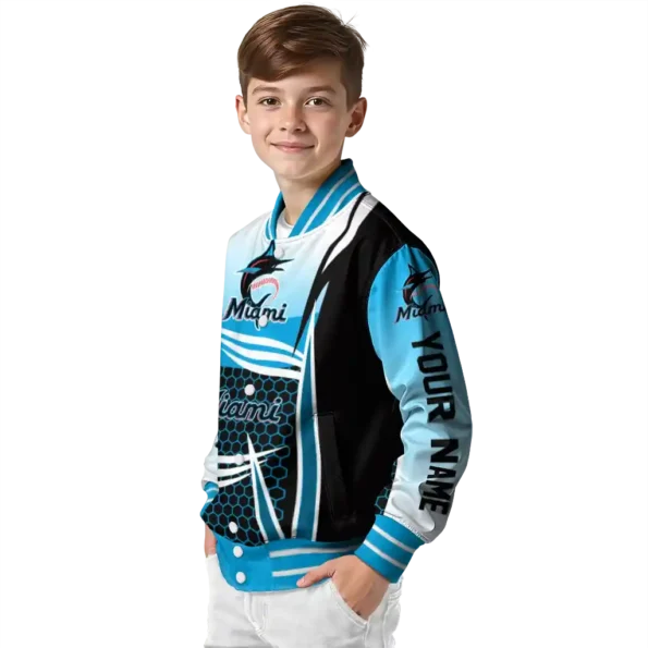 custom miami marlins mesh effect blue black varsity jacket trendy