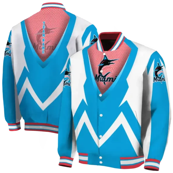 custom miami marlins v stripes blue white varsity jacket fashion forward