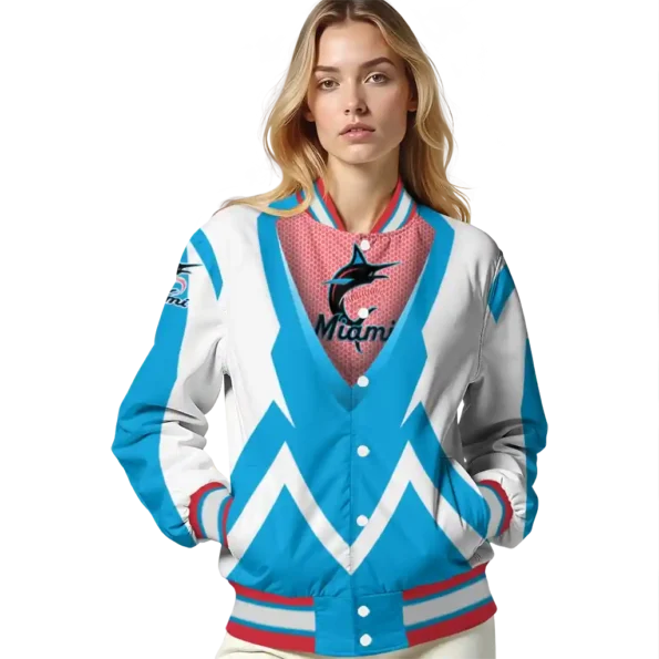 custom miami marlins v stripes blue white varsity jacket latest model