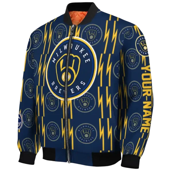 custom milwaukee brewers bolt stripe navy blue bomber jacket best selling