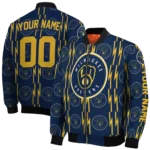 custom milwaukee brewers bolt stripe navy blue bomber jacket best selling