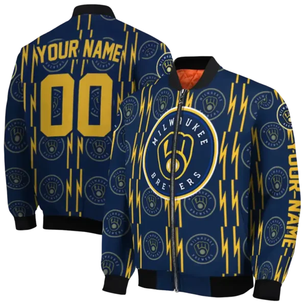 custom milwaukee brewers bolt stripe navy blue bomber jacket fashion forward