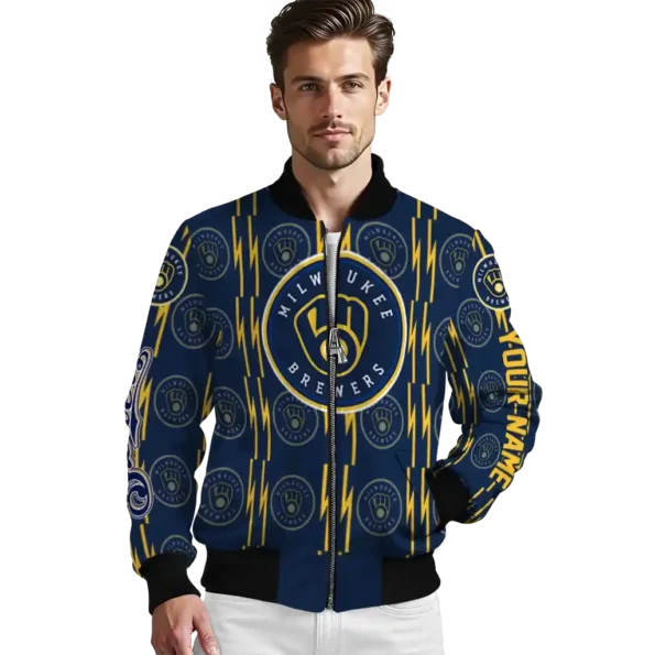 custom milwaukee brewers bolt stripe navy blue bomber jacket high quality