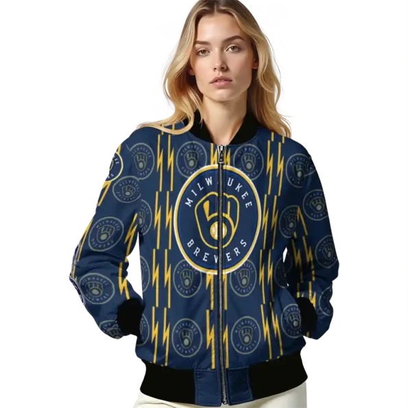 custom milwaukee brewers bolt stripe navy blue bomber jacket latest model