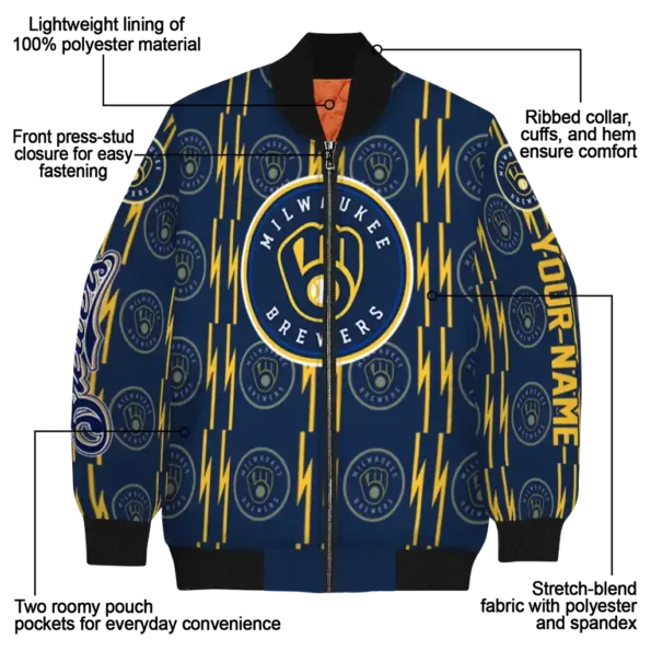 custom milwaukee brewers bolt stripe navy blue bomber jacket new arrival