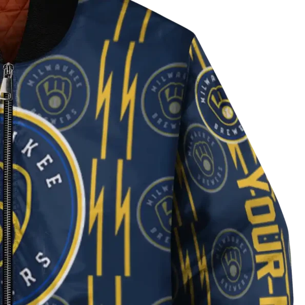 custom milwaukee brewers bolt stripe navy blue bomber jacket premium grade