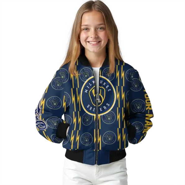 custom milwaukee brewers bolt stripe navy blue bomber jacket top rated