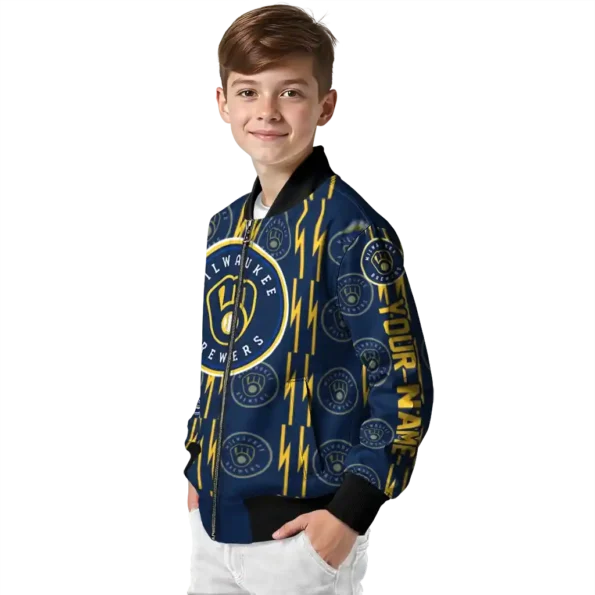 custom milwaukee brewers bolt stripe navy blue bomber jacket trendy