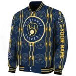 custom milwaukee brewers bolt stripe navy blue varsity jacket best selling