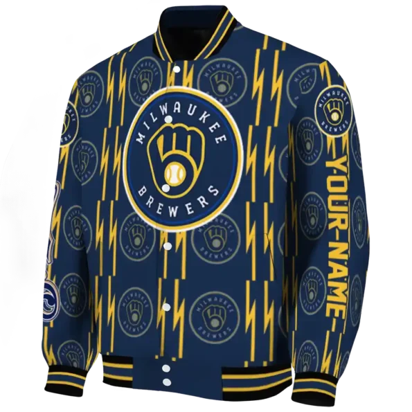 custom milwaukee brewers bolt stripe navy blue varsity jacket best selling