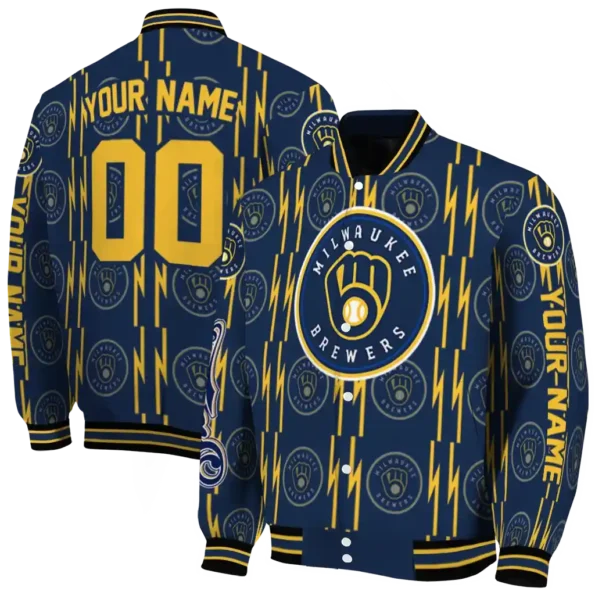 custom milwaukee brewers bolt stripe navy blue varsity jacket fashion forward