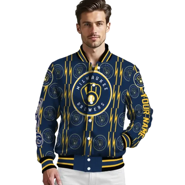 custom milwaukee brewers bolt stripe navy blue varsity jacket high quality