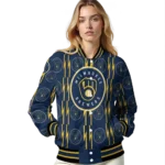 custom milwaukee brewers bolt stripe navy blue varsity jacket best selling