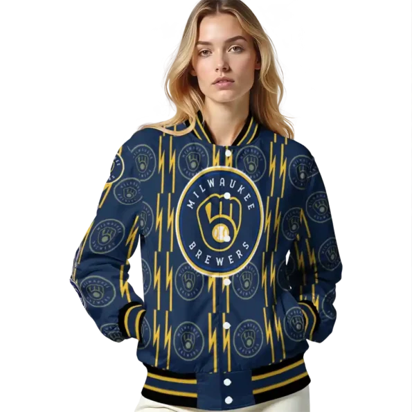 custom milwaukee brewers bolt stripe navy blue varsity jacket latest model