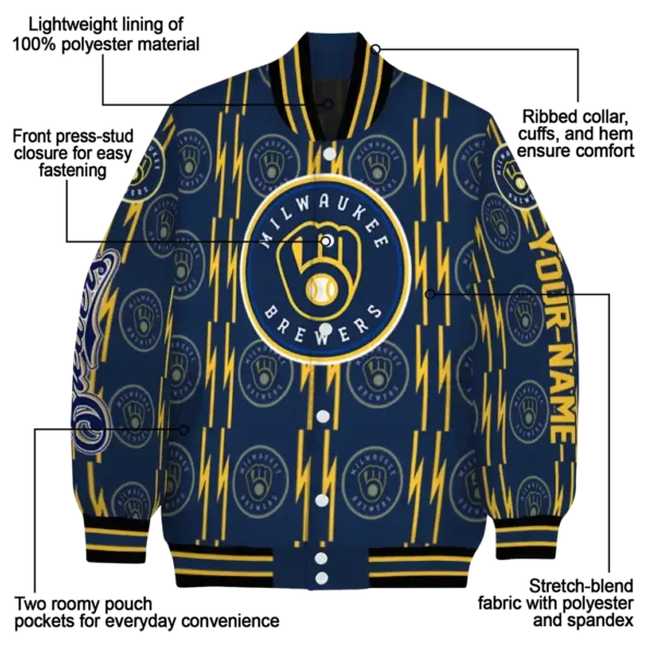 custom milwaukee brewers bolt stripe navy blue varsity jacket new arrival