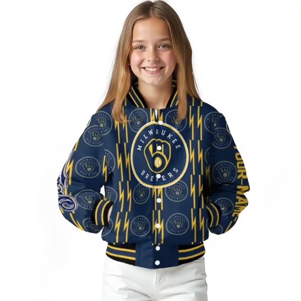 custom milwaukee brewers bolt stripe navy blue varsity jacket top rated