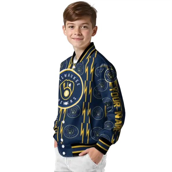 custom milwaukee brewers bolt stripe navy blue varsity jacket trendy