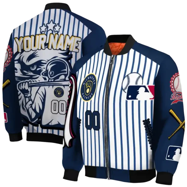 custom milwaukee brewers eagle baseball navy blue white bomber jacket fashion forward