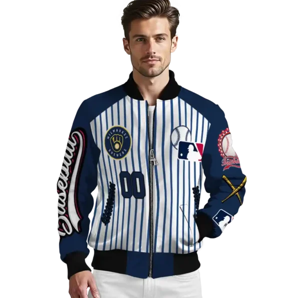 custom milwaukee brewers eagle baseball navy blue white bomber jacket high quality