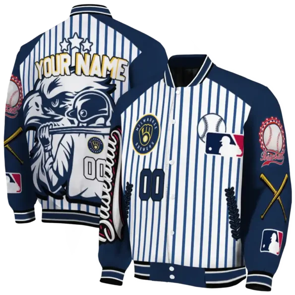 custom milwaukee brewers eagle baseball navy blue white varsity jacket fashion forward