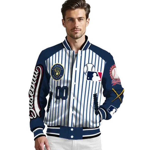 custom milwaukee brewers eagle baseball navy blue white varsity jacket high quality