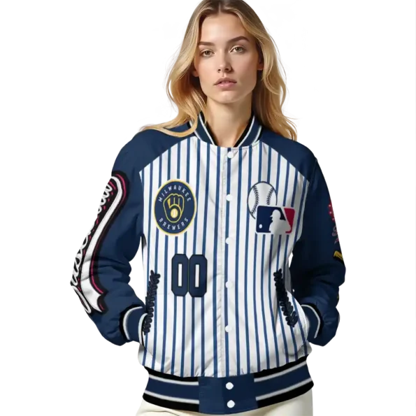 custom milwaukee brewers eagle baseball navy blue white varsity jacket latest model