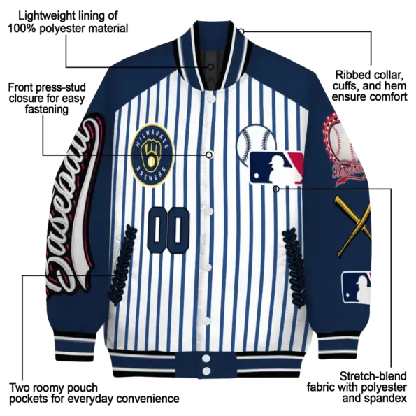 custom milwaukee brewers eagle baseball navy blue white varsity jacket new arrival