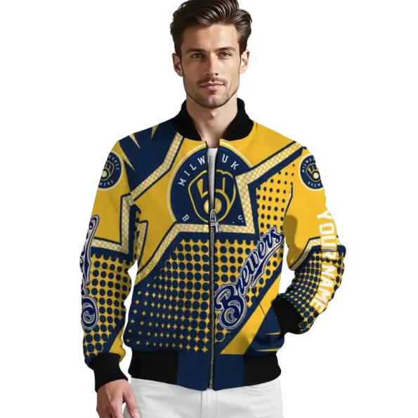 custom milwaukee brewers star burst navy blue bomber jacket high quality
