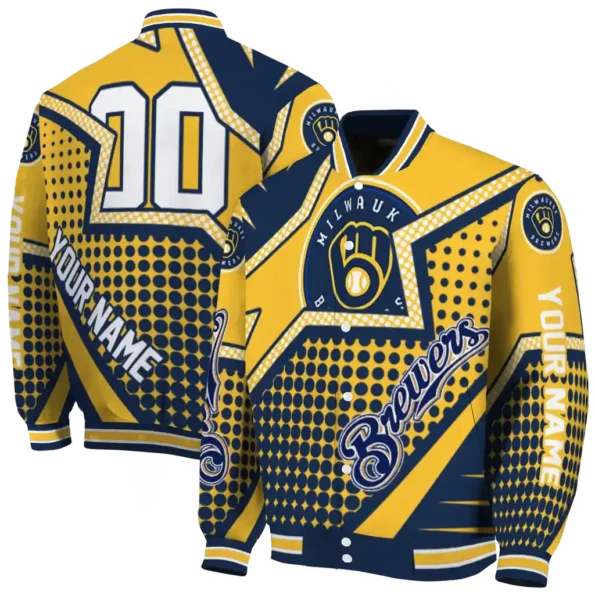 custom milwaukee brewers star burst navy blue varsity jacket fashion forward