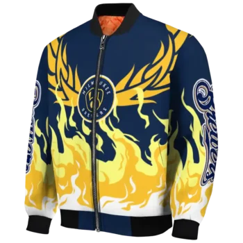 custom milwaukee brewers winged blaze navy blue white bomber jacket best selling