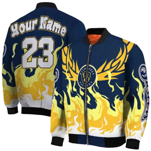 custom milwaukee brewers winged blaze navy blue white bomber jacket fashion forward