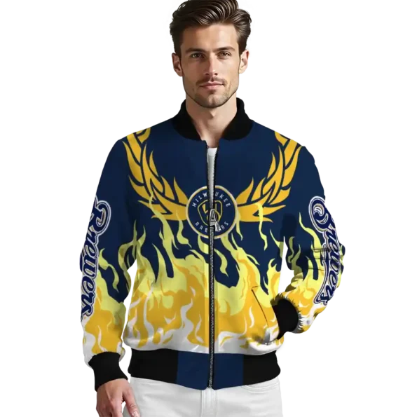 custom milwaukee brewers winged blaze navy blue white bomber jacket high quality