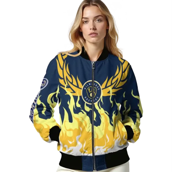 custom milwaukee brewers winged blaze navy blue white bomber jacket latest model