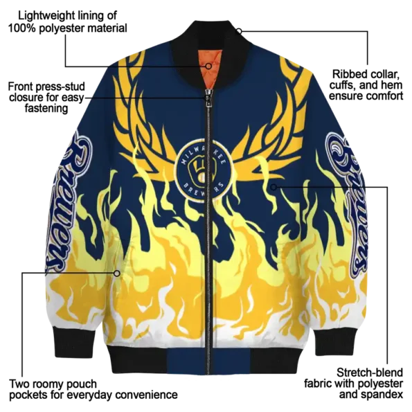 custom milwaukee brewers winged blaze navy blue white bomber jacket new arrival